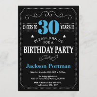 30th Birthday Invitation Blue and Black Chalkboard