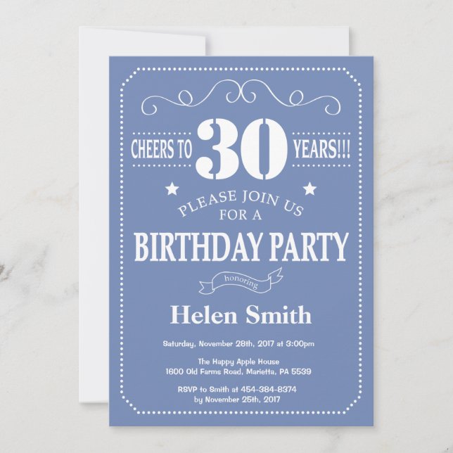 30th Birthday Invitation Blue and White (Front)