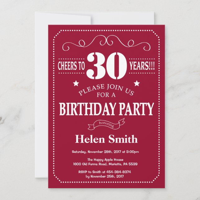 30th Birthday Invitation Burgundy Red and White (Front)