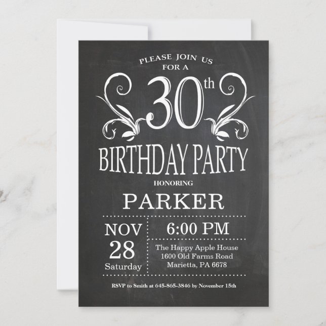 30th Birthday Invitation Chalkboard Floral (Front)