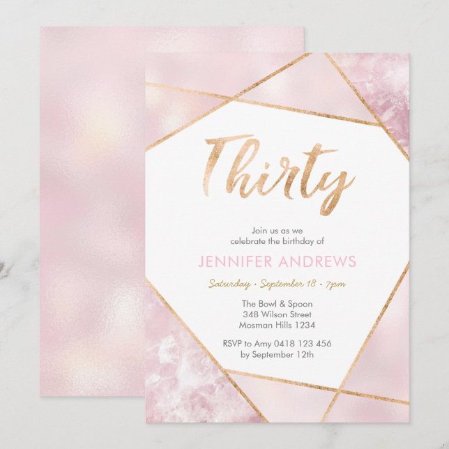 30th Birthday Invitation Geo pink and gold (Front/Back)