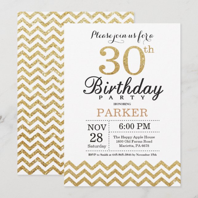 30th Birthday Invitation Gold Glitter (Front/Back)