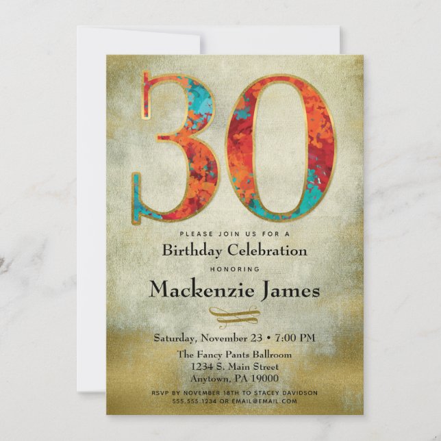 30th Birthday Invitation Gold Red Aqua Adult (Front)