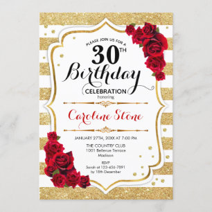 30th Birthday Invitation Gold White Stripes Roses