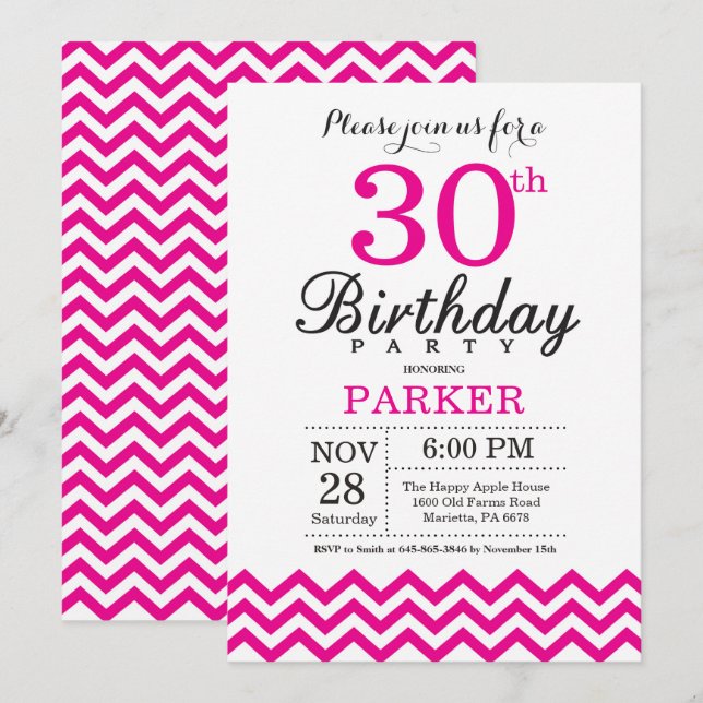 30th Birthday Invitation Hot Pink Chevron (Front/Back)