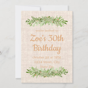 30th Birthday Invitation – Linen Greenery   Thirty