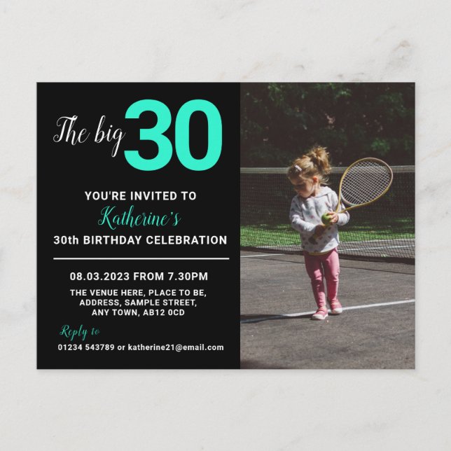 30th Birthday Invitation Photo Card Black (Front)