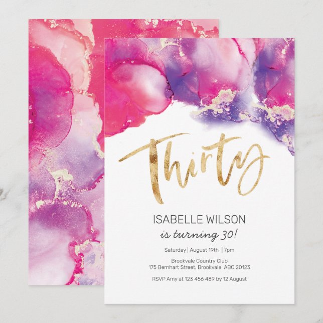 30th Birthday Invitation pink Abstract Watercolor (Front/Back)