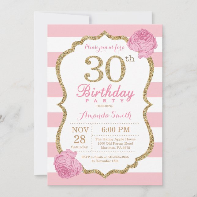 30th Birthday Invitation Pink and Gold Floral (Front)