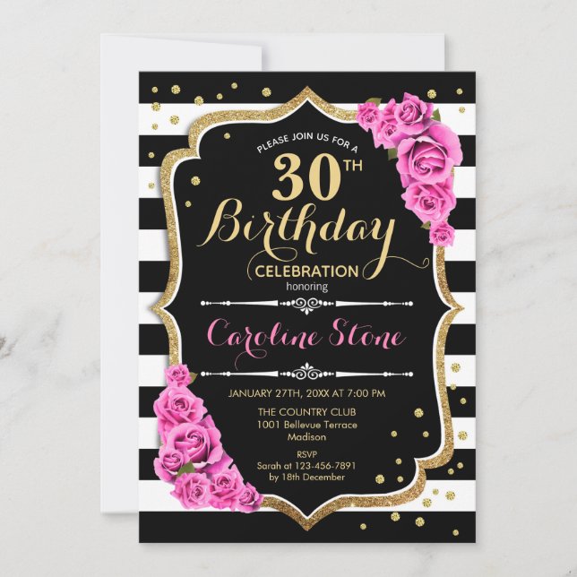 30th Birthday Invitation Pink Black White Stripes (Front)