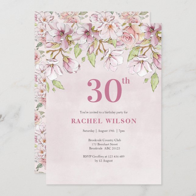 30th Birthday Invitation Pink Floral (Front/Back)