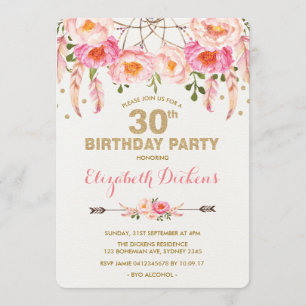30th Birthday Invitation Pink Gold Boho Floral