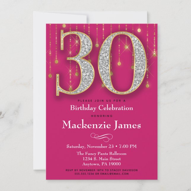 30th Birthday Invitation Pink Gold Diamonds Adult (Front)
