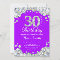 30th Birthday Invitation Purple and Silver Diamond