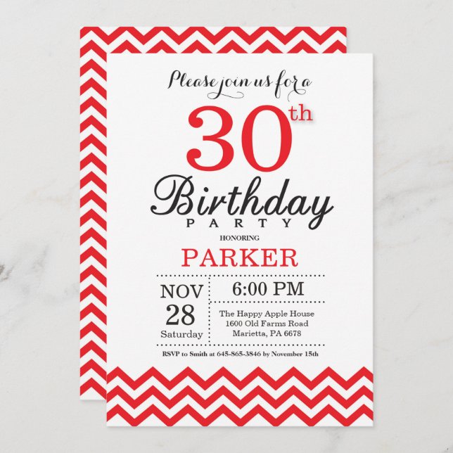 30th Birthday Invitation Red Chevron (Front/Back)