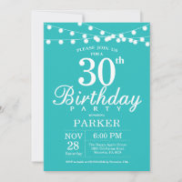 30th Birthday Invitation Teal Aqua Turquoise