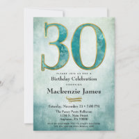 30th Birthday Invitation Turquoise Blue Gold Adult