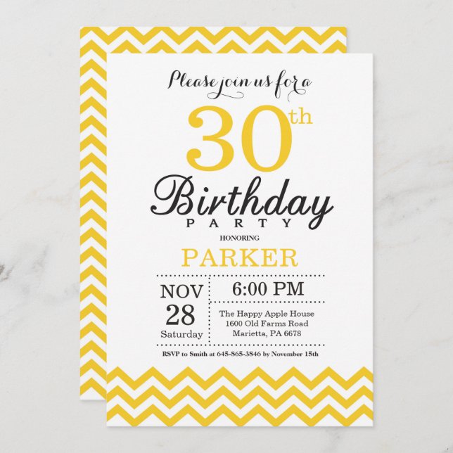 30th Birthday Invitation Yellow Chevron (Front/Back)