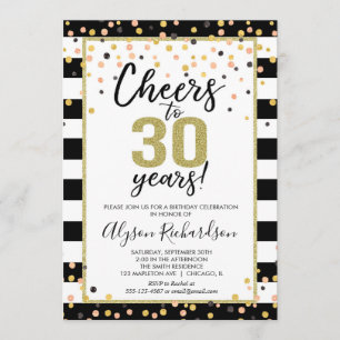 30th birthday invitations, black and gold cheers invitation