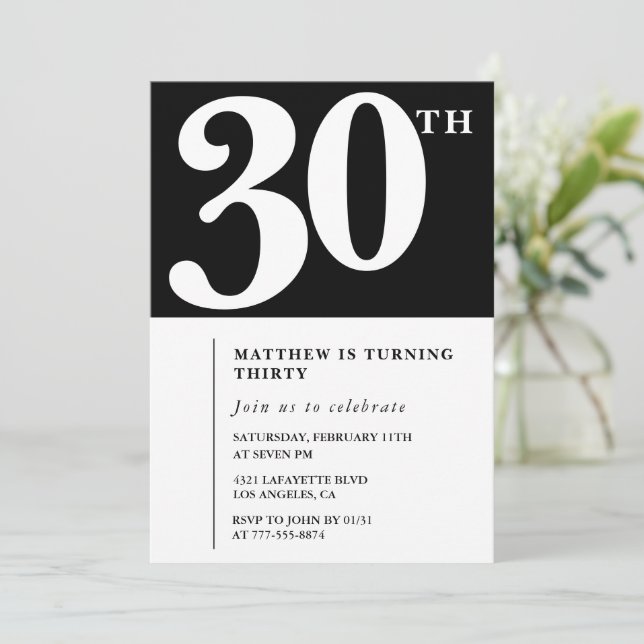 30th birthday invitations Black White Elegant (Standing Front)