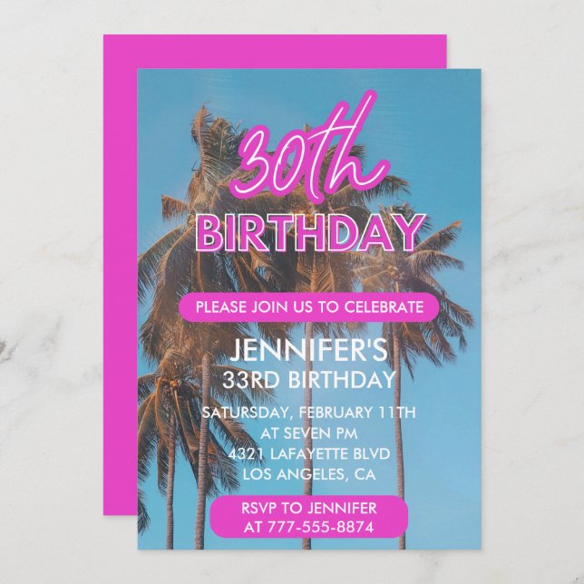 30th birthday invitations Pink Tropical Palm tree (Front/Back)