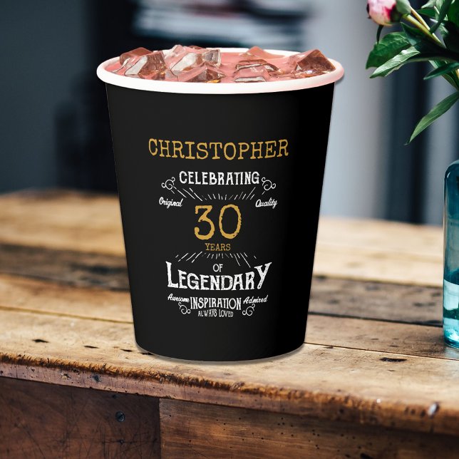 30th Birthday Legendary Black Gold Retro Paper Cups (For those celebrating their 30th birthday we have the ideal birthday party cups)