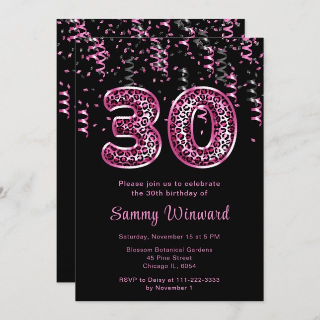30th Birthday Leopard Print Balloons with Confetti Invitation (Front/Back)