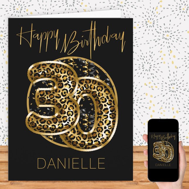 30th Birthday Leopard Print Gold Foil Balloons Card (Creator Uploaded)