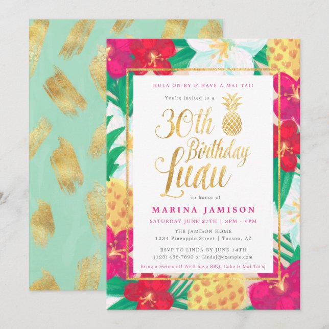 30th Birthday Luau Invitations | Pink & Gold (Front/Back)