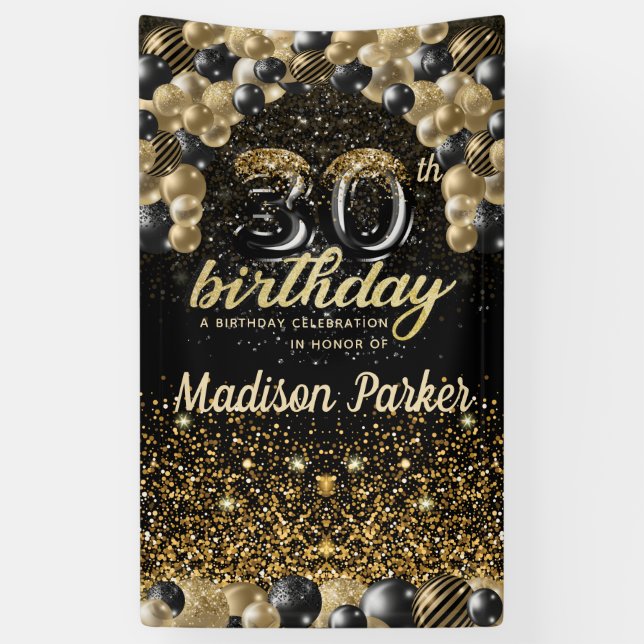 30th Birthday Luxury Personalised Black Gold Banner (Vertical)
