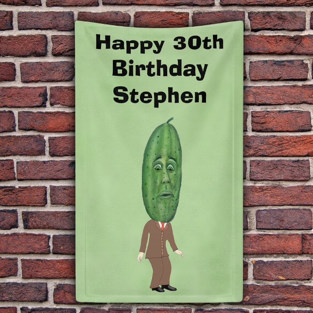30th Birthday Man Green Pickle Head Face Suit Banner (Funny man in suit green pickle with face for head on green Happy 30th Birthday backdrop.)