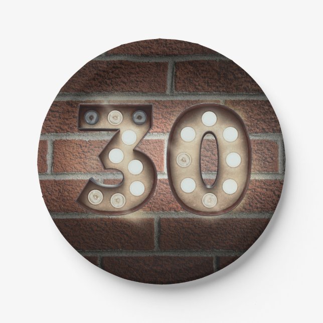 30th birthday marquee sign on brick wall paper plate (Front)