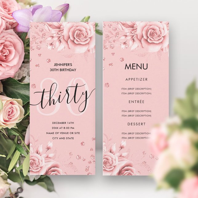 30th Birthday Menu Rose Gold Floral Glitter  Invitation (30th Birthday Menu Rose Gold Floral Glitter Invitation)
