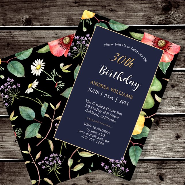 30th Birthday Midnight Vintage Drawing Wildflowers Invitation (Creator Uploaded)