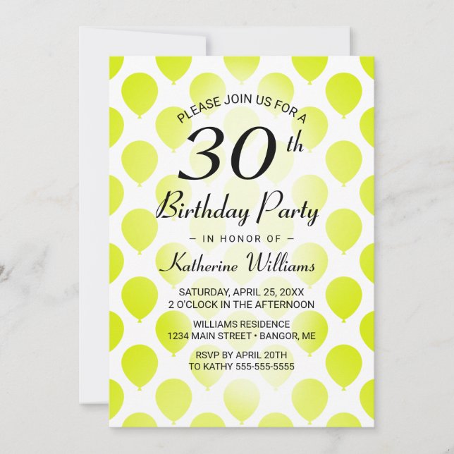 30th Birthday Modern Balloons Lime Green Invitation (Front)
