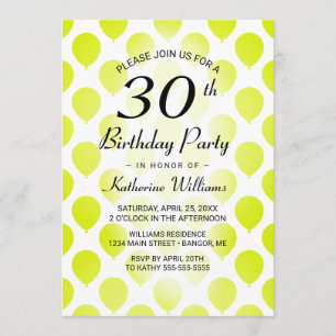 30th Birthday Modern Balloons Lime Green Invitation