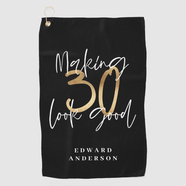 30th birthday modern black and gold stylish tapest golf towel (Front)