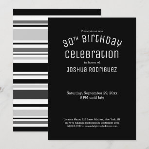 30th Birthday Modern Black White Grey Stripes Invitation