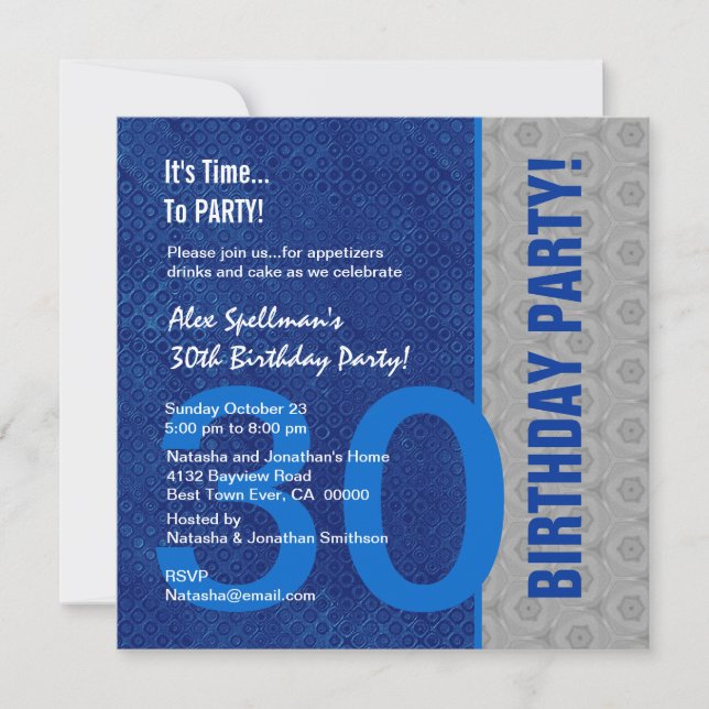 30th Birthday Modern Blue and Silver Invitation (Front)