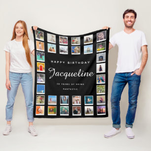 30th Birthday Modern Chic Photo Collage Black Fleece Blanket