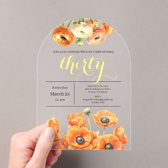 30th Birthday Modern Garden Orange White Flowers Acrylic Invitations (Insitu (Handheld))
