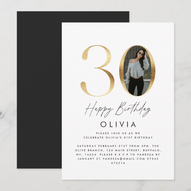 30th Birthday Modern Gold photo elegant stylish In Invitation (Front/Back)