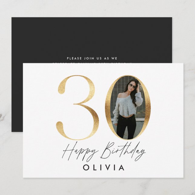 30th Birthday Modern Gold photo elegant stylish In Invitation (Front/Back)