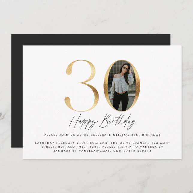 30th Birthday Modern Gold photo elegant stylish Invitation (Front/Back)