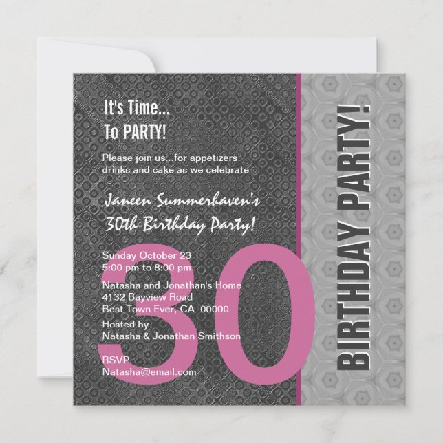 30th Birthday Modern Grey Silver Pink C949 Invitation (Front)