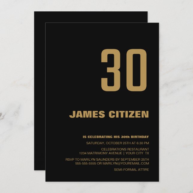 30th Birthday Modern Minimalist Black Gold Party I Invitation (Front/Back)