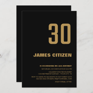30th Birthday Modern Minimalist Black Gold Party I Invitation