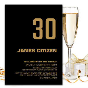 30th Birthday Modern Minimalist Black Gold Party Invitation