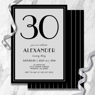 30th Birthday Modern Minimalist Mens Black Grey Invitation