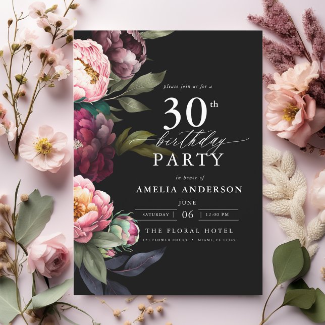 30th Birthday Modern Moody Burgundy Blush Floral Invitation (Creator Uploaded)